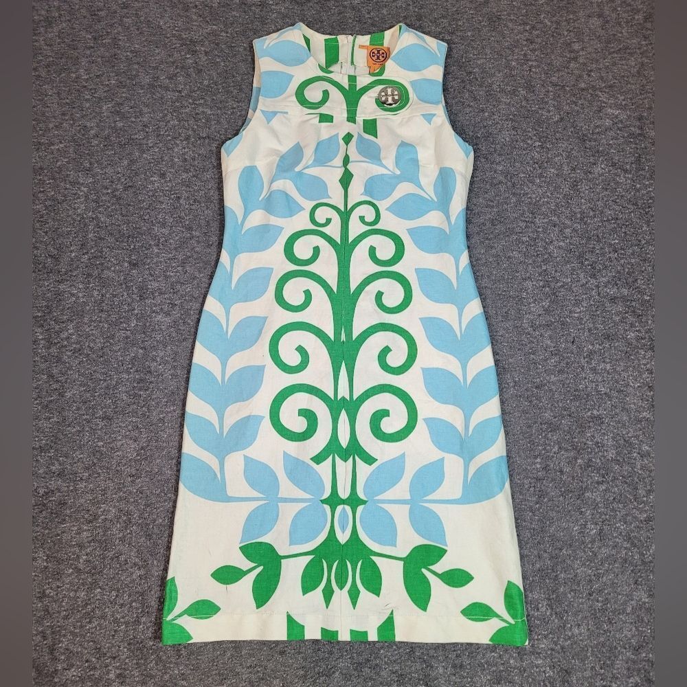 Tory Burch Womens Sheath Sleeveless Sz 4 Tan Linen Blue Green Floral Print Rare